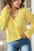 Openwork V-Neck Long Sleeve Cardigan Yellow Woman Outerwear