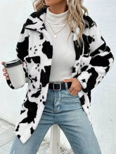 Cow Print Collared Neck Button Up Fuzzy Jacket Woman Outerwear