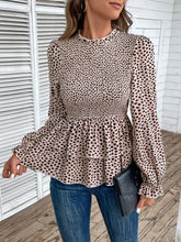 Perfee Printed Round Neck Smocked Flounce Sleeve T-Shirt Woman Blouses
