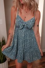 Spaghetti Straps Floral Print Knot Detail High Waist Flared Dress Dusty Blue Woman Casual Dress
