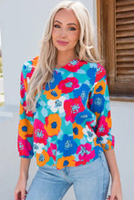 Floral V-Neck Three-Quarter Sleeve Top Turquoise Woman Blouses