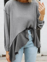 Women’s gray waffle knit long-sleeve round neck dropped shoulder top