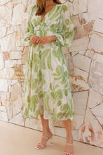 Printed V-Neck Long Sleeve Midi Dress Light Green Woman Dress