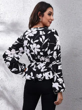 Floral V-Neck Balloon Sleeve Peplum Blouse Woman Blouses