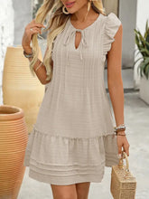Ruffled Tie Neck Cap Sleeve Dress Dust Storm Casual Dresses