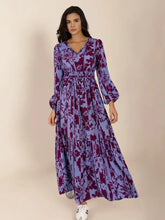 Printed Tie Neck Balloon Sleeve Maxi Dress Purple Maxi Dresses