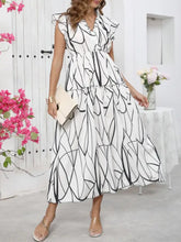 Abstract Print Ruffle Sleeve V-Neck Midi Dress Woman Casual Dress