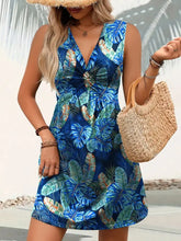 Tropical Print V-Neck Sleeveless Summer Dress Blue Woman Casual Dress