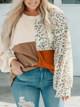 Plus Size Color Block Leopard Round Neck Top Dust Storm Woman Blouses