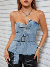 Frayed Hem Button Detail Tube Top Light Woman Denim Tops