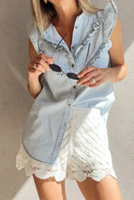 Frill Button Down Ruffled Cap Sleeve Denim Top Woman Denim Tops