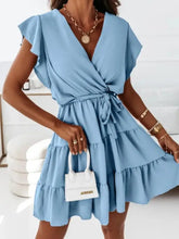 Ruffled Surplice Cap Sleeve Mini Dress Light Blue Casual Dresses