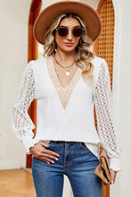 Openwork V-Neck Long Sleeve T-Shirt White Woman T Shirts