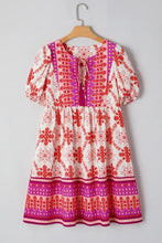 Boho Floral Short Sleeve Tie Neck Mini Dress Woman Casual Dress