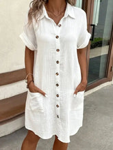 Casual Button Down Cotton Shirt Dress with Pockets White Woman Casual Dress
