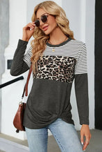 Leopard Striped Round Neck T-Shirt Dark Gray Woman T Shirts