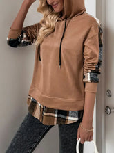 Perfee Drawstring Slit Plaid Long Sleeve Hoodie Woman Sweatshirts