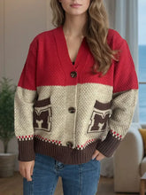 Pocketed Contrast V-Neck Button Up Cardigan Woman Outerwear