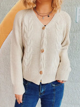 Cable-Knit V-Neck Button Down Long Sleeve Cardigan Beige One Size Woman Outerwear
