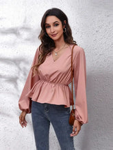V-Neck Balloon Sleeve Peplum Blouse Dusty Pink Woman Blouses