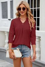 Eyelet Notched Knit Jacquard Top Burgundy Woman T Shirts