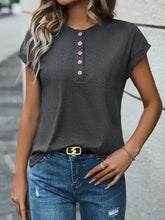Perfee Half Button Round Neck T-Shirt Dark Gray Woman T Shirts