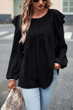 Devine Ruffle Trim Balloon Sleeve Blouse Black Woman Blouses