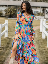 Printed Smocked Tie Neck Balloon Sleeve Maxi Dress Maxi Dresses