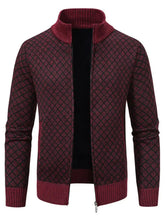 Men's Plus Size Diamond Pattern Zip-Up Knit Cardigan Burgundy Cardigans