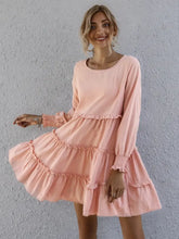 Frill Tiered Long Sleeve Mini Dress Watermelon pink Casual Dresses