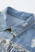 Sequin Fringe Trim Distressed Button Up Denim Jacket Woman Outerwear