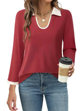 Contrast Collared Neck Long Sleeve Top Woman T Shirts