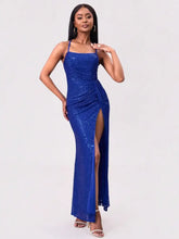 Slit Sequin Square Neck Spaghetti Strap Dress Cocktail Dress