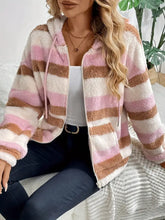 Drawstring Striped Zip Up Hooded Jacket Woman Outerwear