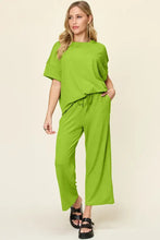 Double Take Full Size Texture Round Neck Short Sleeve T-Shirt and Wide Leg Pants Lime Woman Two-Piece Sets