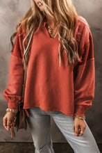 Notched Lantern Sleeve Dropped Shoulder Sweatshirt Rust Woman Sweatshirts
