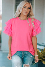 Layered Mesh Sleeve Round Neck Tee Hot Pink Woman T Shirts