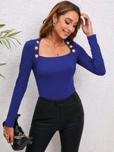 Decorative Button Long Sleeve Top Royal Blue Woman Blouses