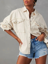Button Down Raw Hem Denim Jacket Woman Outerwear