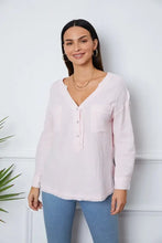 Texture Half Button Raw Hem Top Blush Pink Woman Blouses