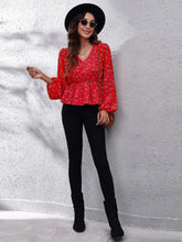 Floral V-Neck Balloon Sleeve Peplum Blouse Woman Blouses