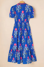 Floral Puff Short Sleeve Notched High Waist Dress Casual Dresses