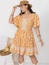 Plus Size Printed Square Neck Short Sleeve Dress Gold Casual Dresses