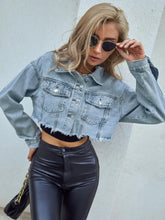 Distressed Raw Hem Cropped Denim Jacket Woman Denim Tops