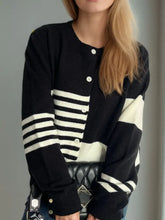 Striped Color Block Round Neck Cardigan Woman Outerwear