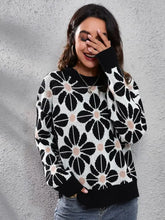 Floral Round Neck Long Sleeve Sweater Black Sweater Pullovers