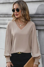 Perfee Pleated Lantern Sleeve V-Neck Blouse Mocha Woman Blouses