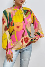 Floral Smocked Lantern Sleeve Mock Neck Blouse Multicolor Woman Blouses