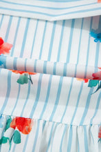 Stripe Floral Pattern Ruffle Short Sleeve Belted Mini Dress Woman Casual Dress