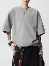 Men's Plaid Trim Round Neck Short Sleeve T-Shirt Gray Mens Tops